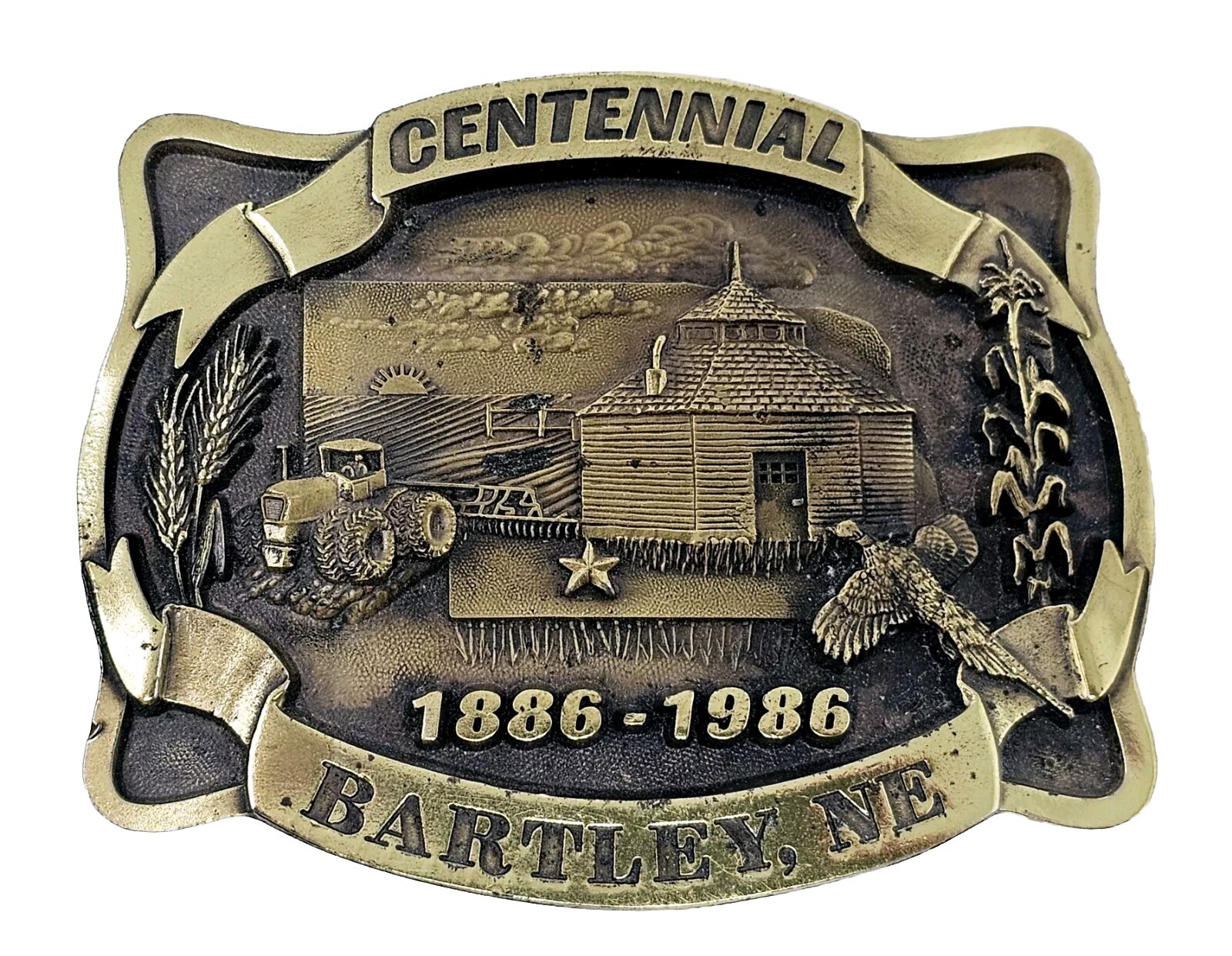 Bartley Nebraska Centennial Belt Buckle 1886-1986 Homestead Farm Corn #176/300