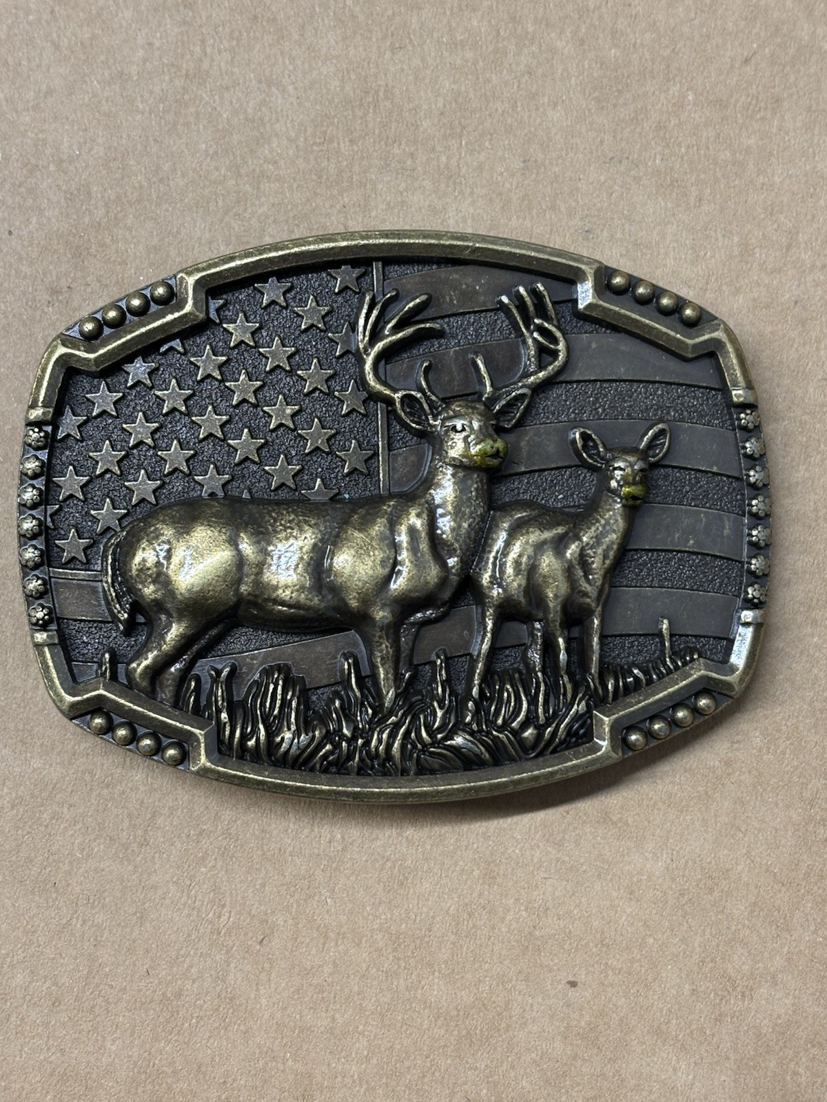 Belt Buckle Bronze Metal Deer Hunter Western USA Flag Background Patriotic