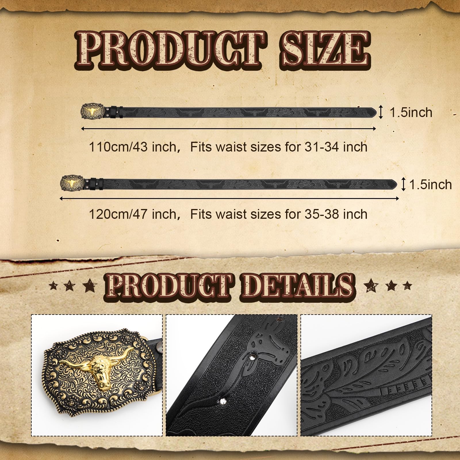 Chicingyou Western Cowboy Hat Leather Belt for Men 31-34&Prime; Waist, Black