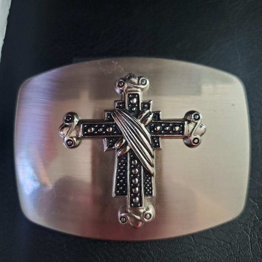 Silver Tone Ornate Cross Belt Buckle Brushed Metal Rectangular Religious Western