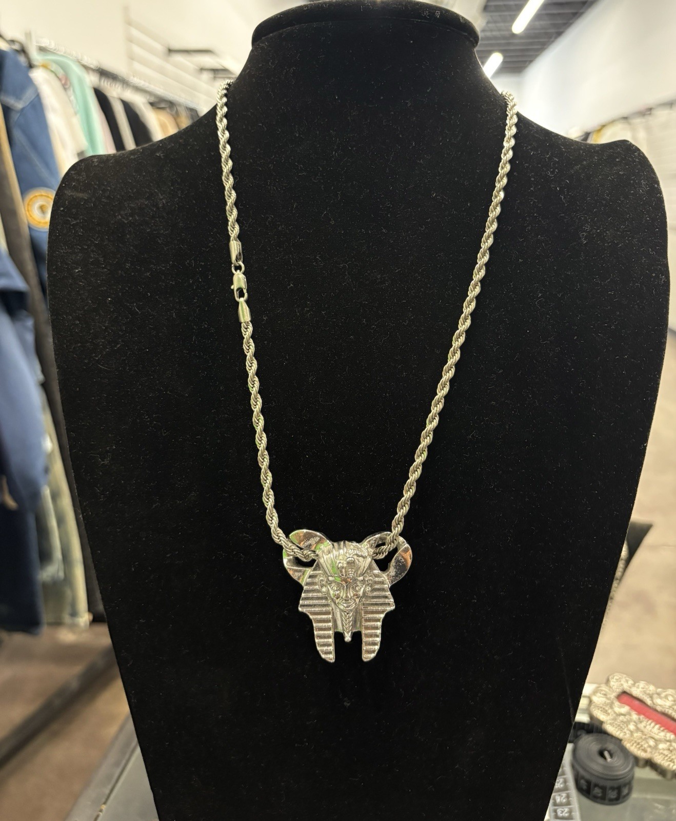 Egyptian Pharaoh mask charm hangs from a twisted rope chain RARE