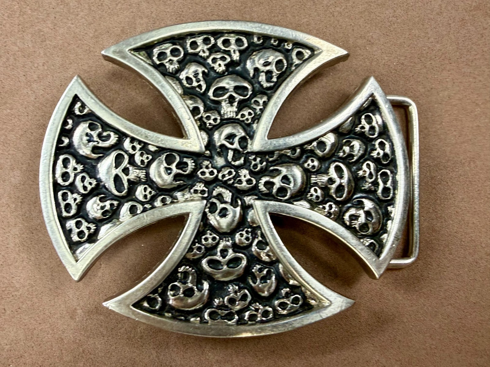 Maltese Iron Cross Studded Skull Design Gothic Punk Vibe Cutout Belt Buckle