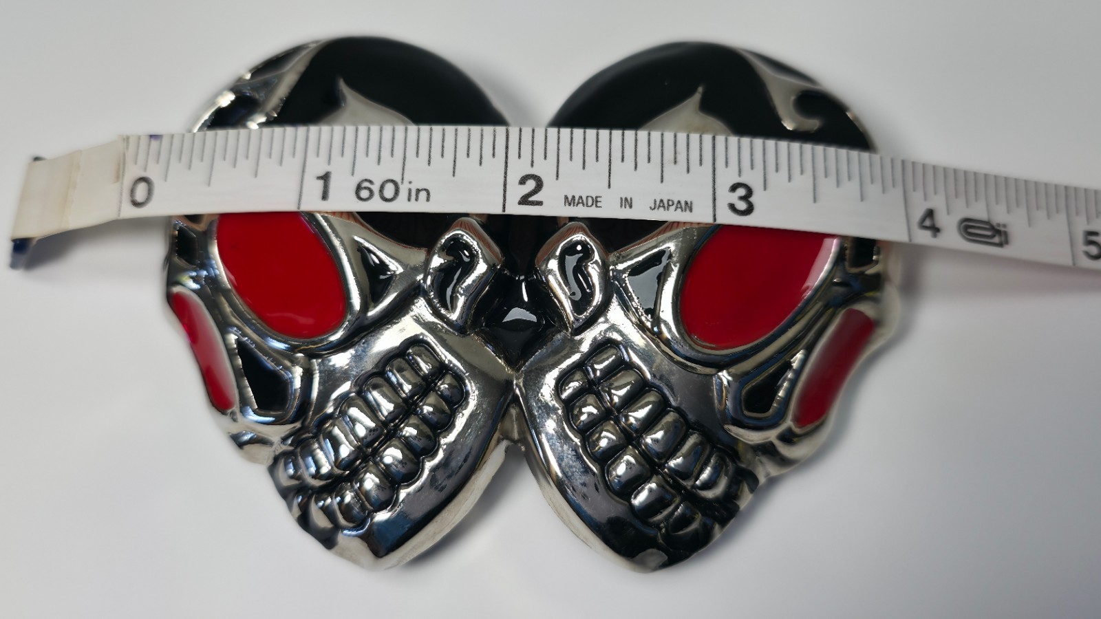 Double Skull Red Eye Glossy Black & Chrome Belt Buckle – NOS
