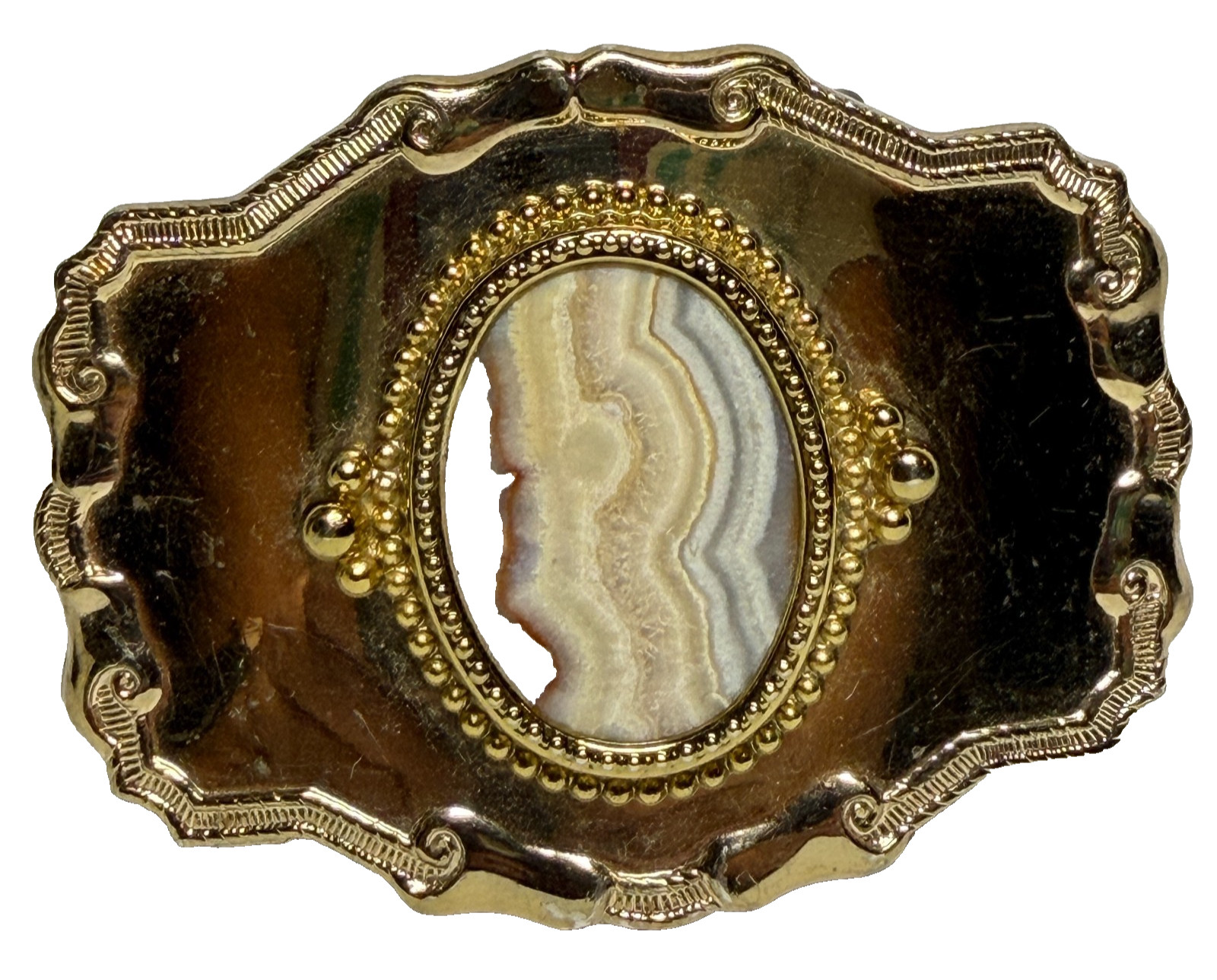 Vintage Western Belt Buckle Banded Agate Stone Gold Tone Cowboy Southwestern