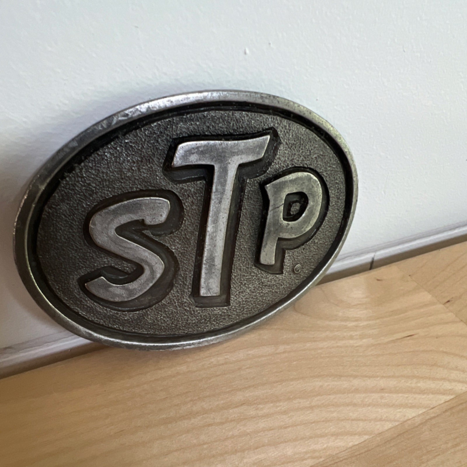 STP Logo Oval Metal Frame Belt Buckle Gray Black Antique Finish PB-310