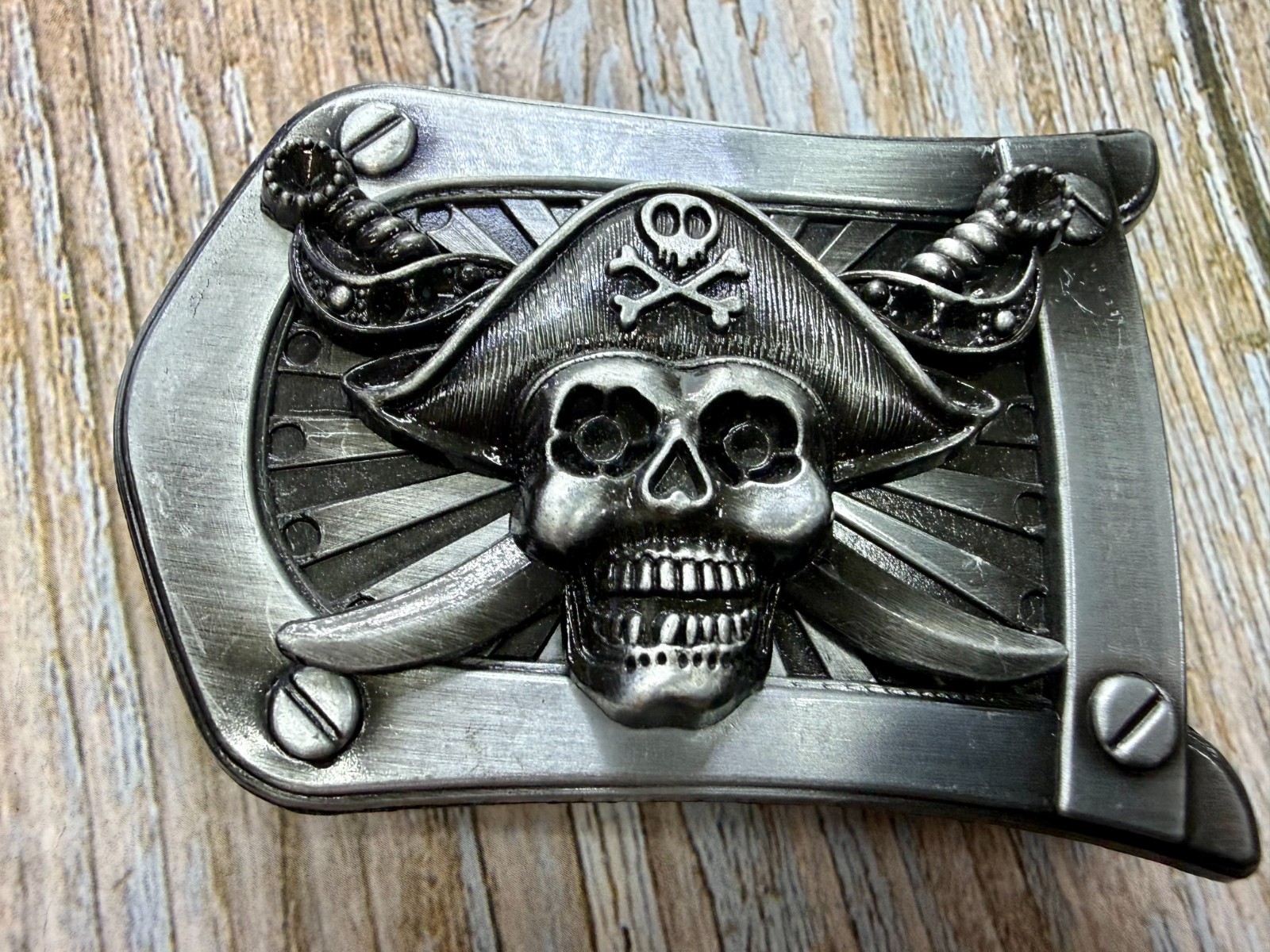 Pirate Skull Crossbones with Crossed Swords 3D Raised Silver Tone Belt Buckle