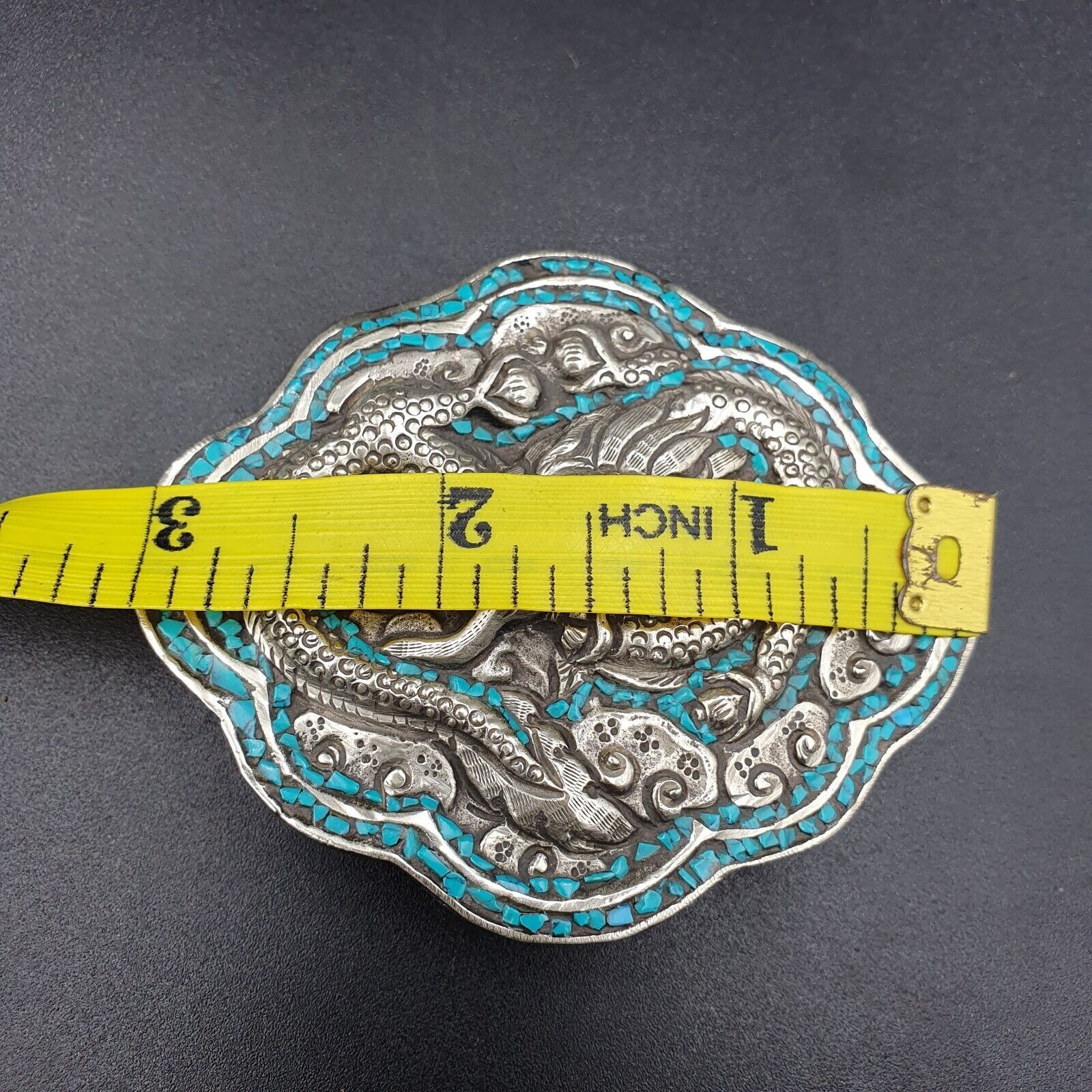 AA BIG MEN&rsquo;S VINTAGE Natural Turquoise Metal Silver Gild Engrave Dragon Belt
