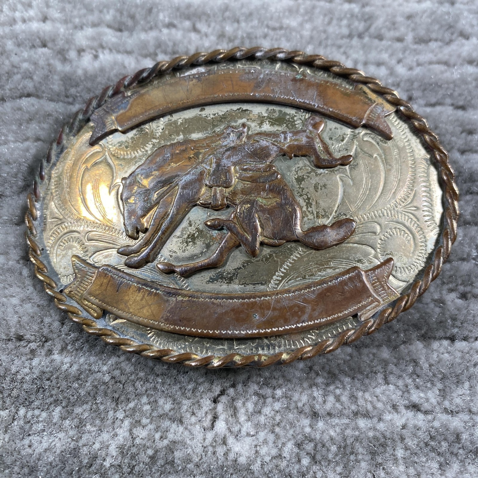 Cowboy Rodeo Belt Buckle Mens One Size German Silver Western Horse Oval Floral