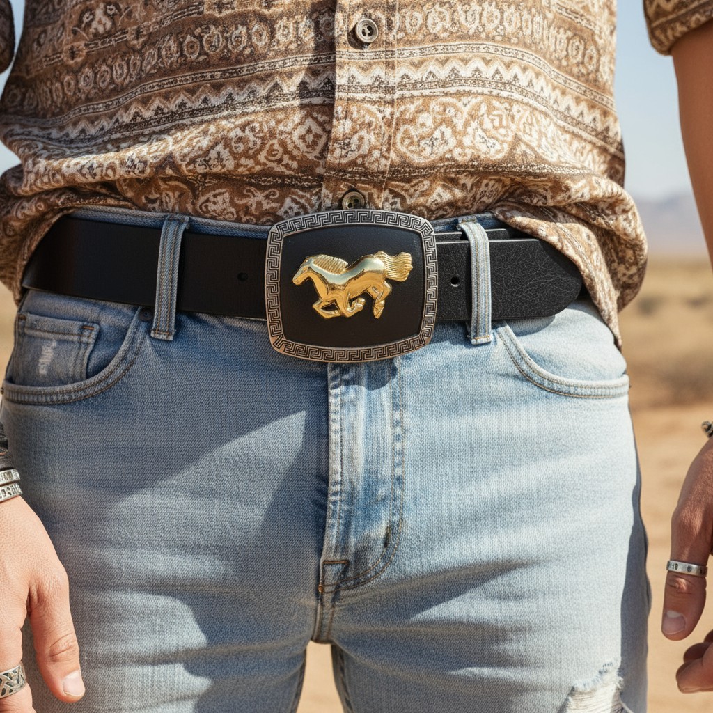 Men Women Western Belt Buckle Silver Metal Square Gold Rodeo Horse Black Fabric