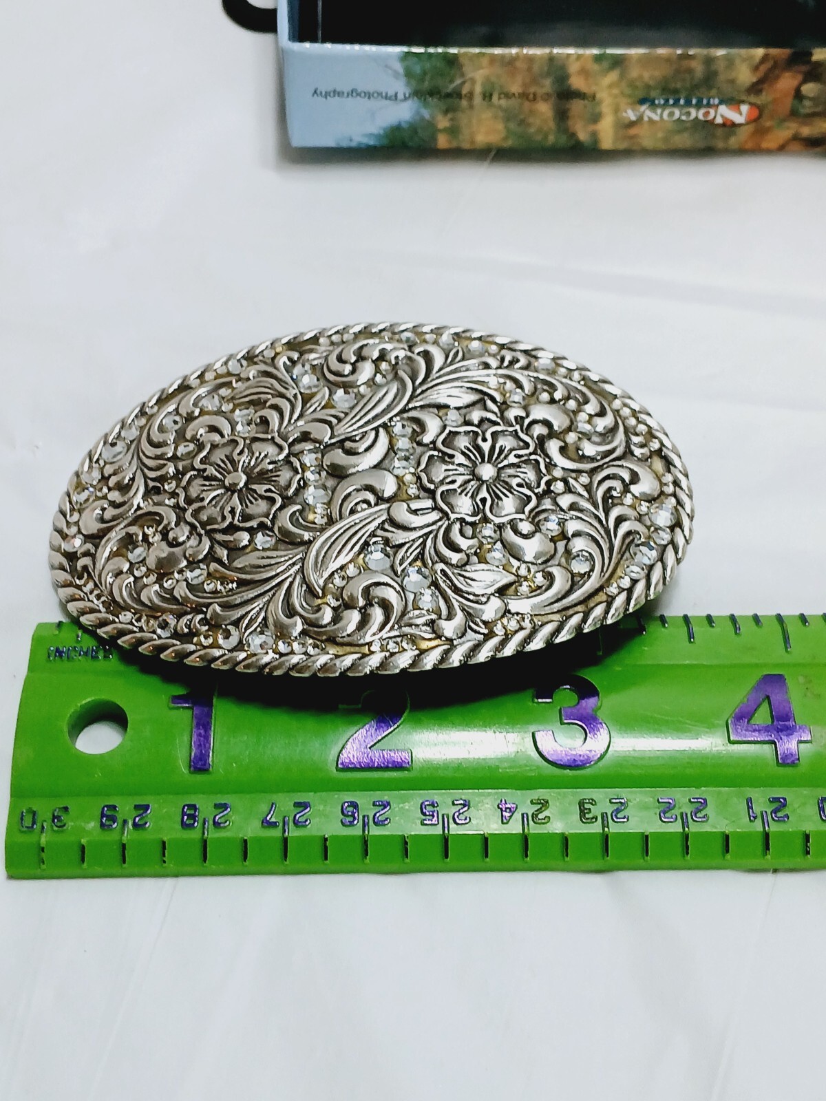 Nocona Womens Rhinestone Floral Belt Buckle in box=3.5&Prime; long = Silver tone