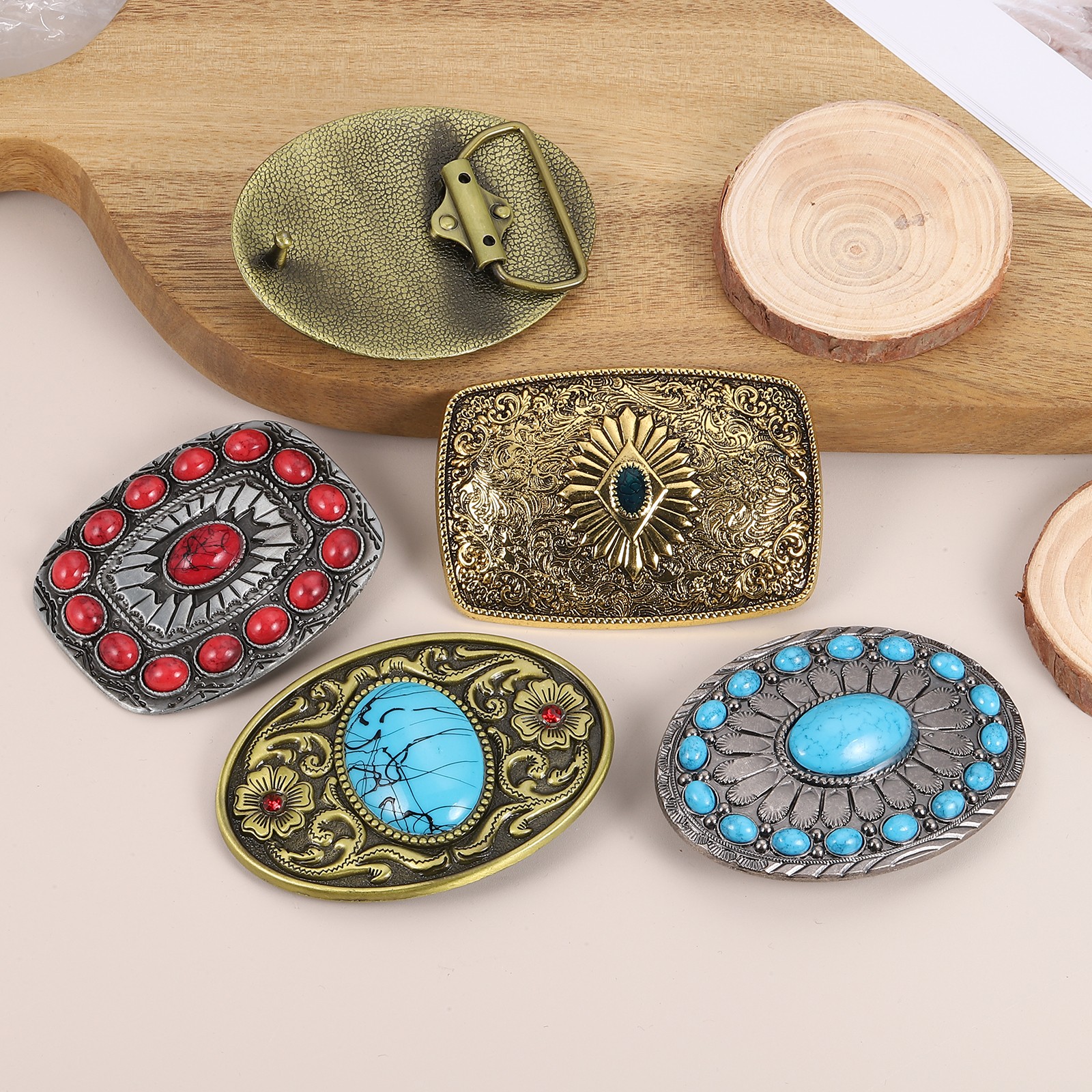 Western Belt Buckle for Men, Big Turquoise Belt Buckle for Cowboy, Bronze 1 Pcs