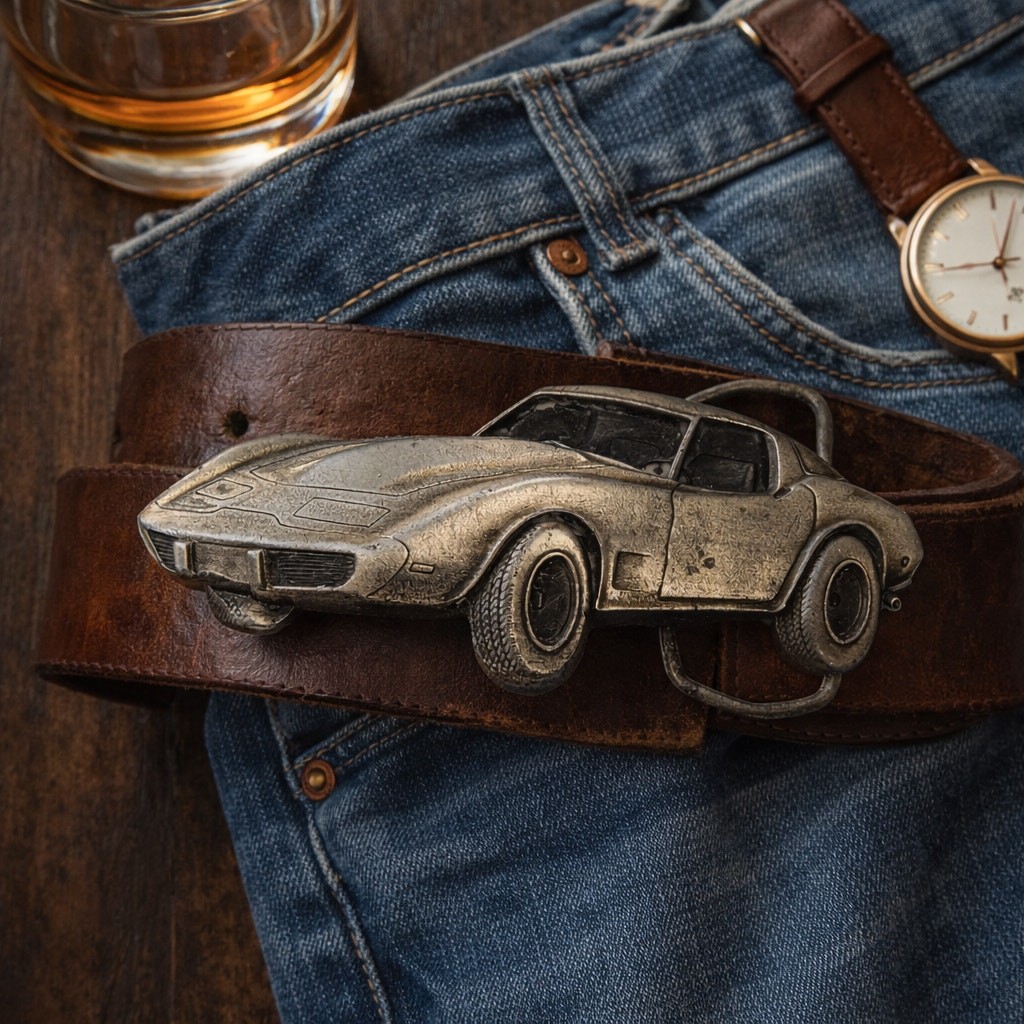 Vintage 1979 Corvette Belt Buckle Bergamot Brass Works Made USA Silver Tone Car