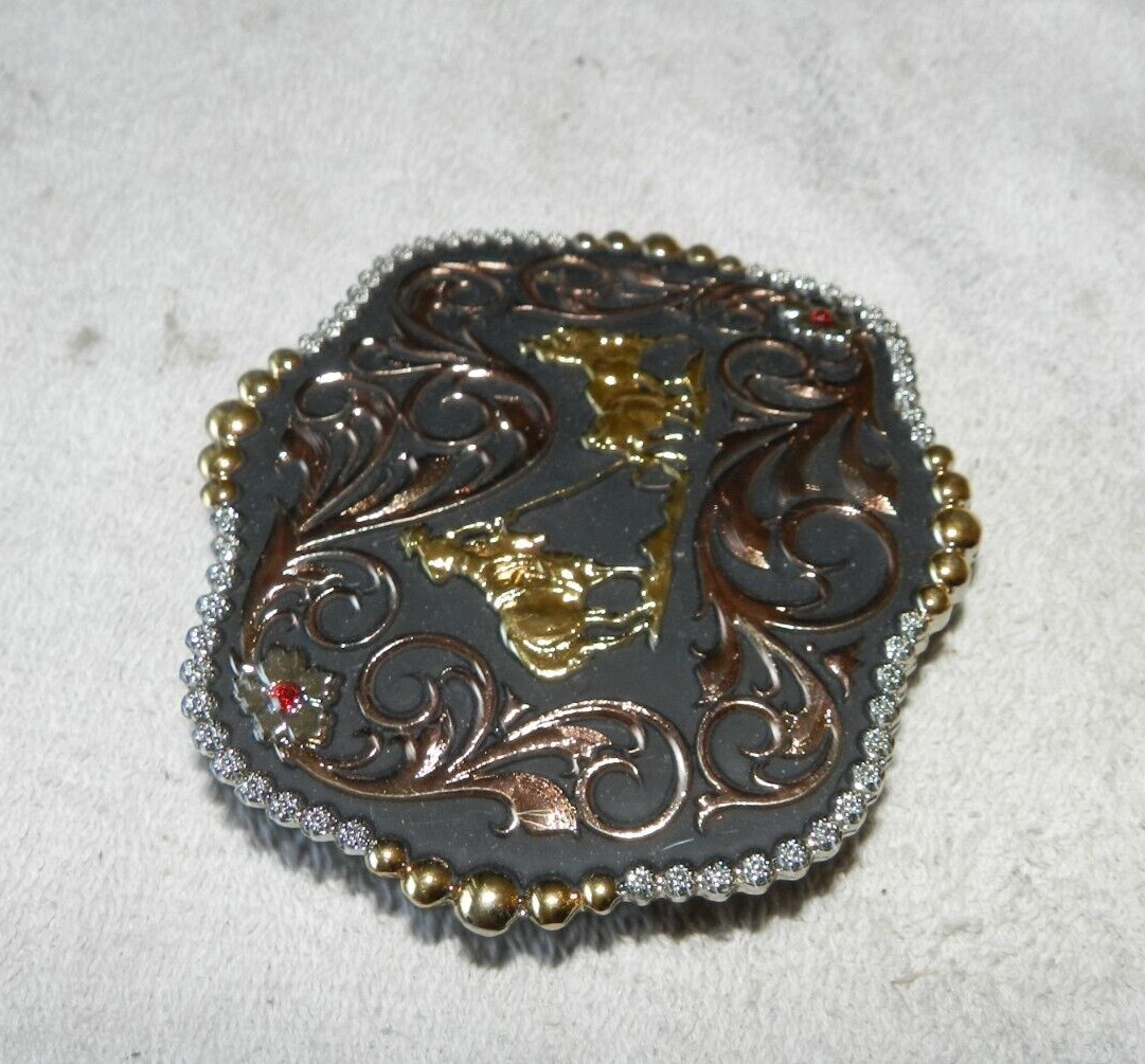 Montana Silversmiths Western Buckle Scalloped Team Roper Black Inlaid Multicolor
