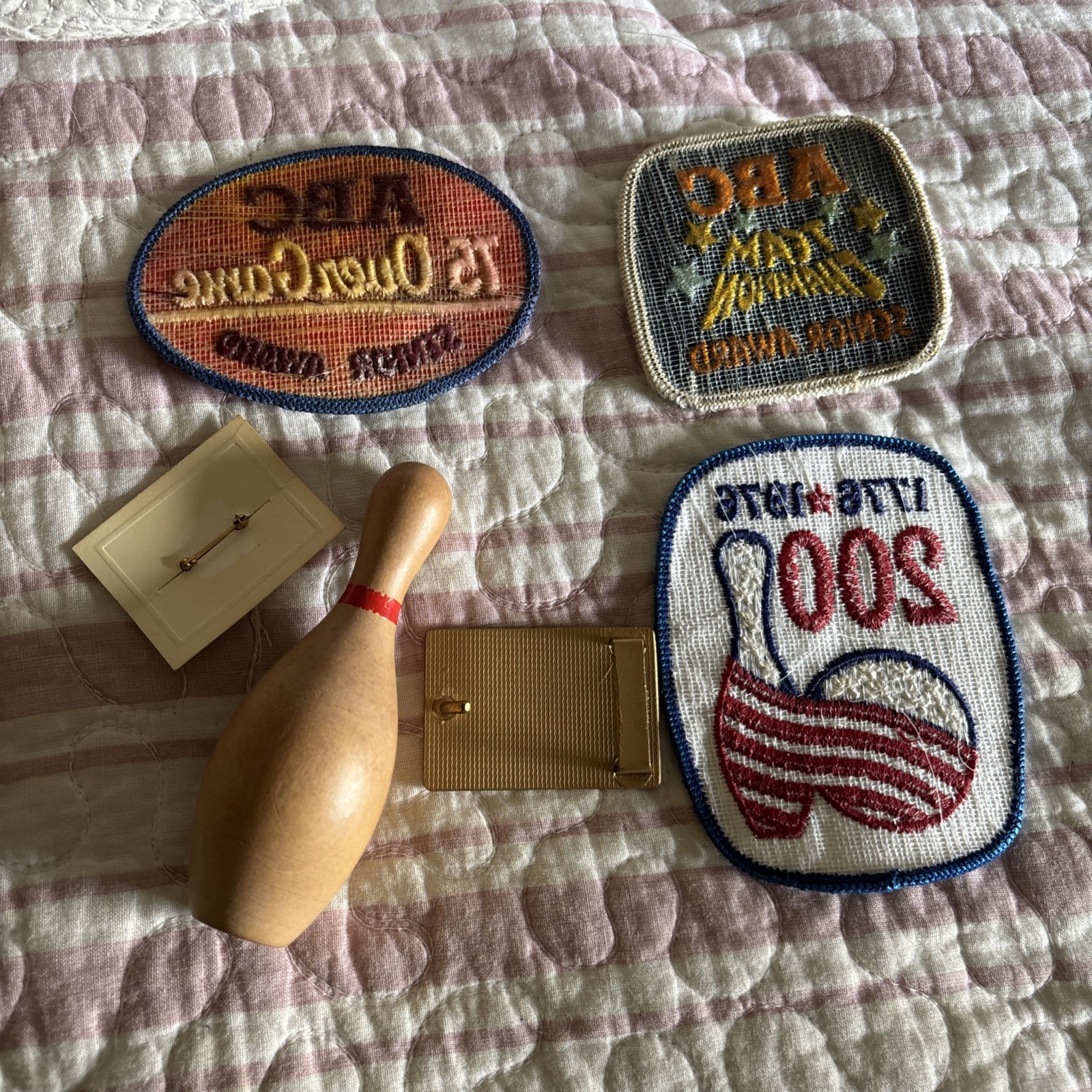 Vintage lot ABC Bowling League Award Brass Belt Buckle RARE, pin patches