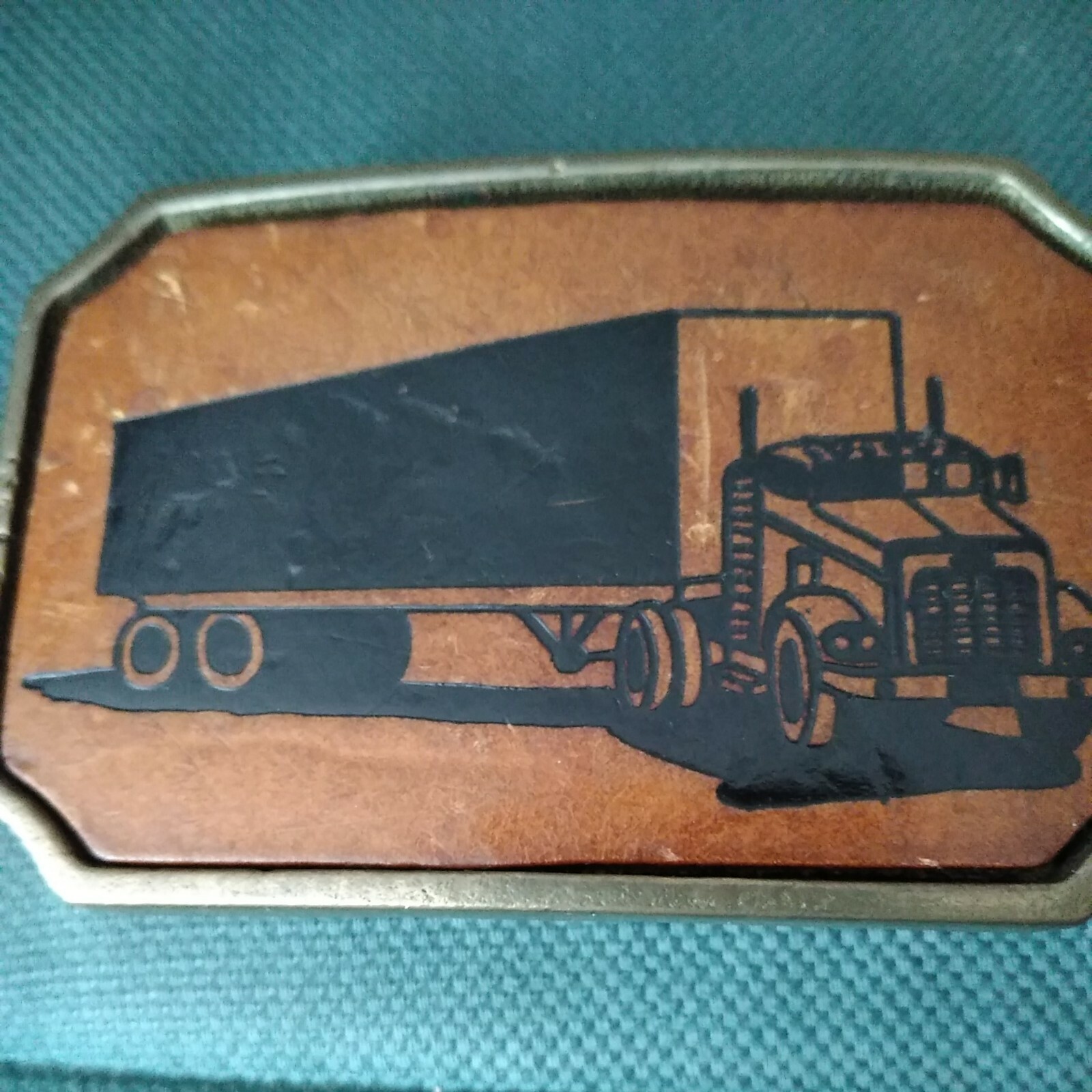 Vintage BTS Solid Cast Brass Tooled Leather Semi Truck Belt Buckle Tan Black