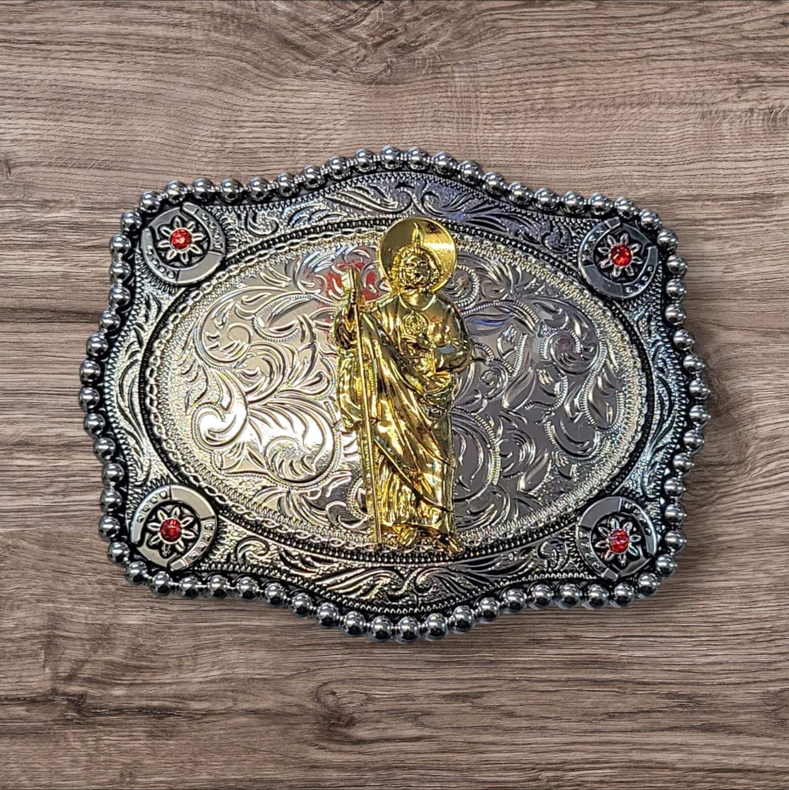 Cowboy Belt Buckle For Man- Saint Jude 4.25&Prime;x3.25&Prime; Silver Tone/Gold/Black