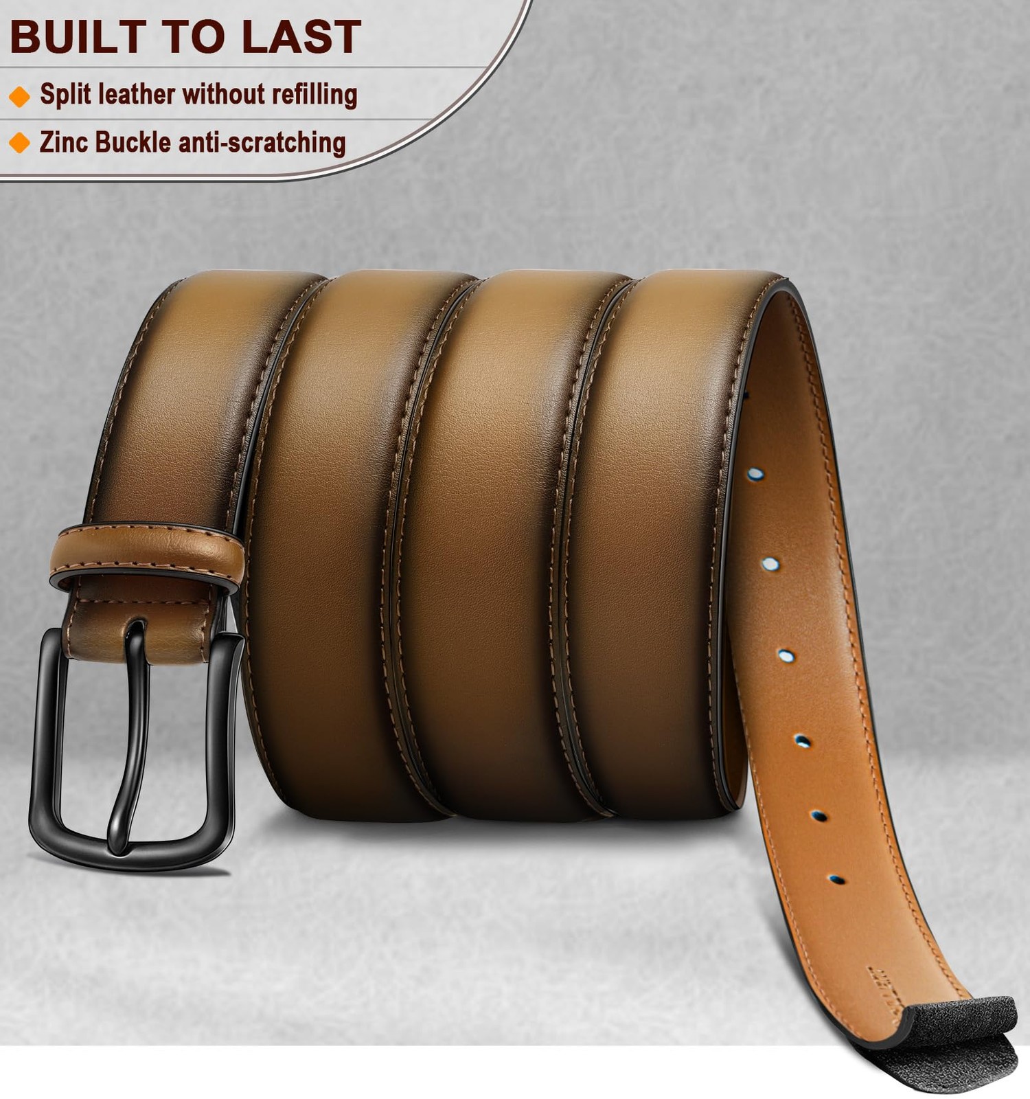 BULLIANT Men Belt-Leather Belt 7 Holes 38&Prime;-40&Prime;Waist Adjustable, Tawny4703
