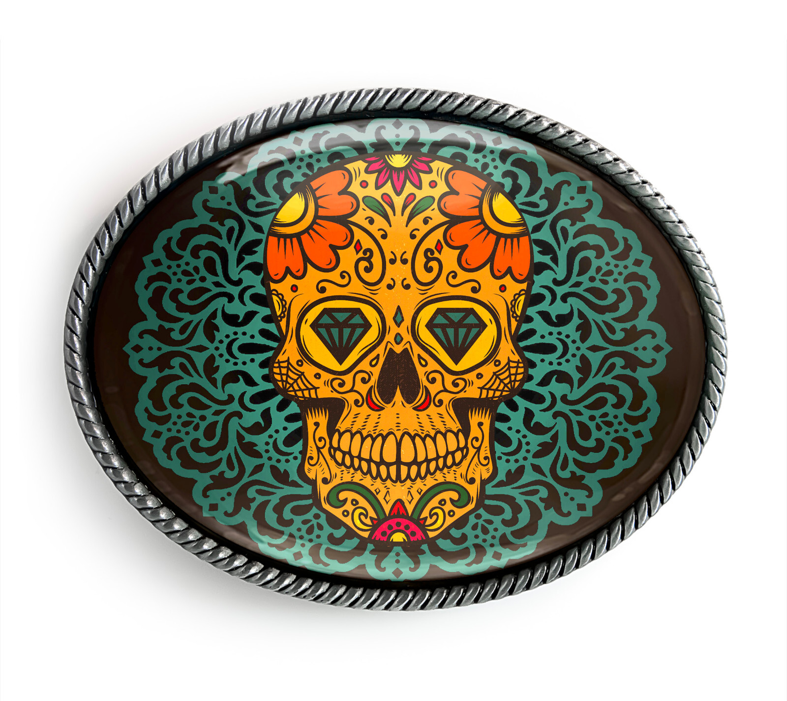 Ornate Muertos Belt Buckle – Mexican Day of the Dead Skull Belt Buckle – 69