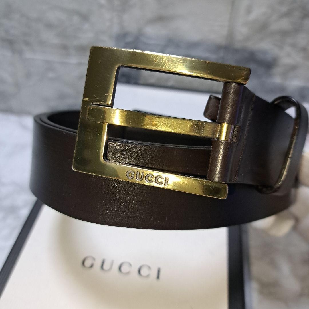 GUCCI buckle belt Logo Gold hardware Dark Brown Men&rsquo;s Leather Made in Italy Used