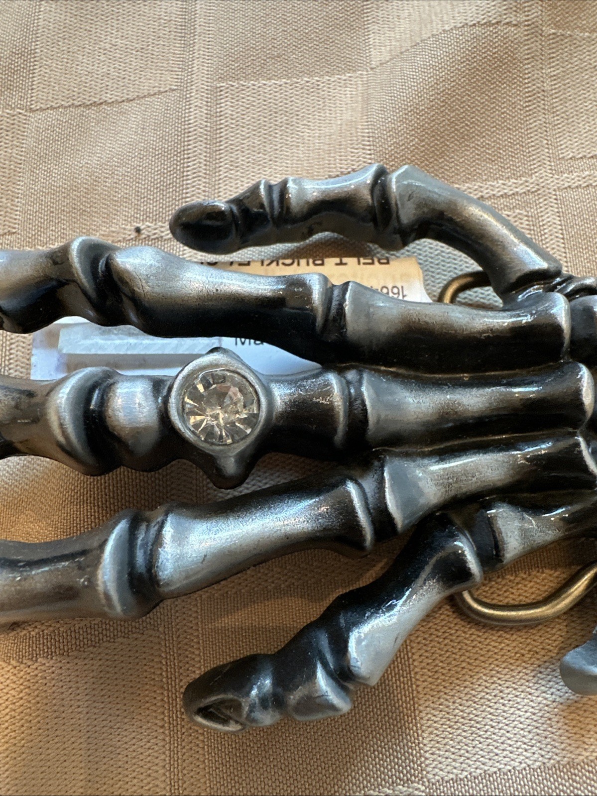 Metal Belt Buckle Skeleton Hand 3D Gray Silver Tone Rhinestone Ring Detail