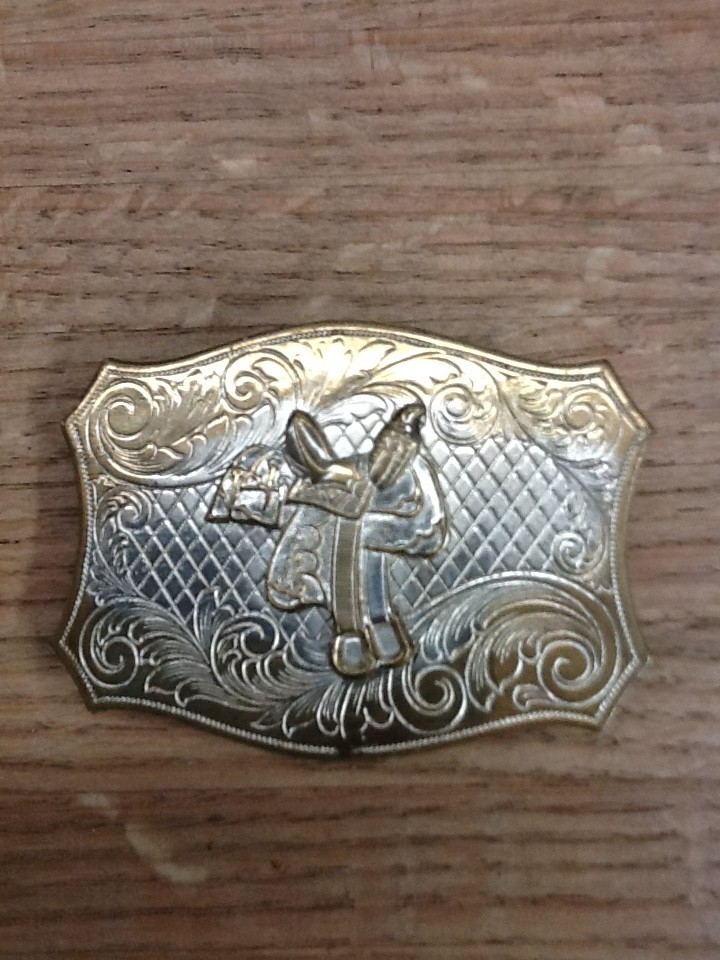 Vintage Western Horse Saddle Belt Buckle Solid Brass Engraved Floral Gold Tone