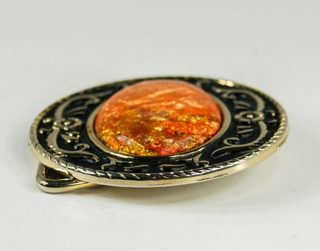 Orange Stone gold tone floral scroll round belt buckle western style