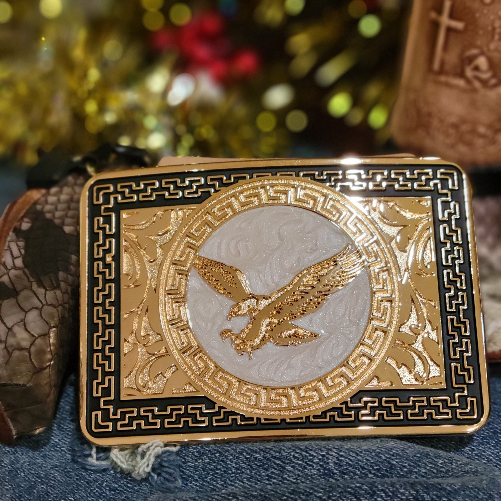 Eagle Western Belt Buckle Hebilla Rodeo Silver & Rosetone 4x 3.5 Inche