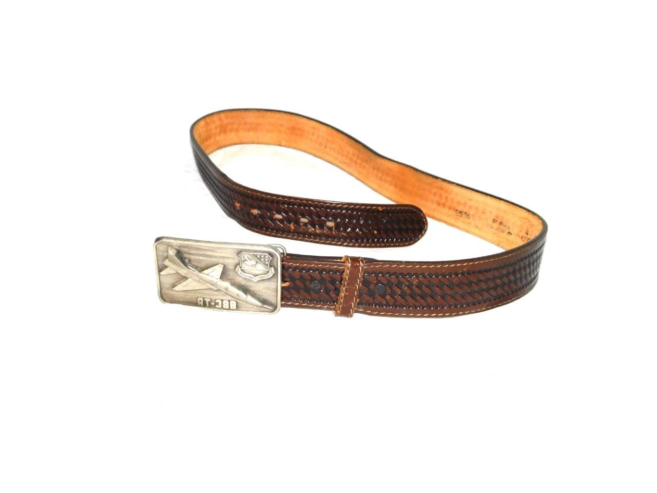 VTG AT-38B Fighter Jet Belt Buckle On Size 38 Brown Woven Leather Belt USAF