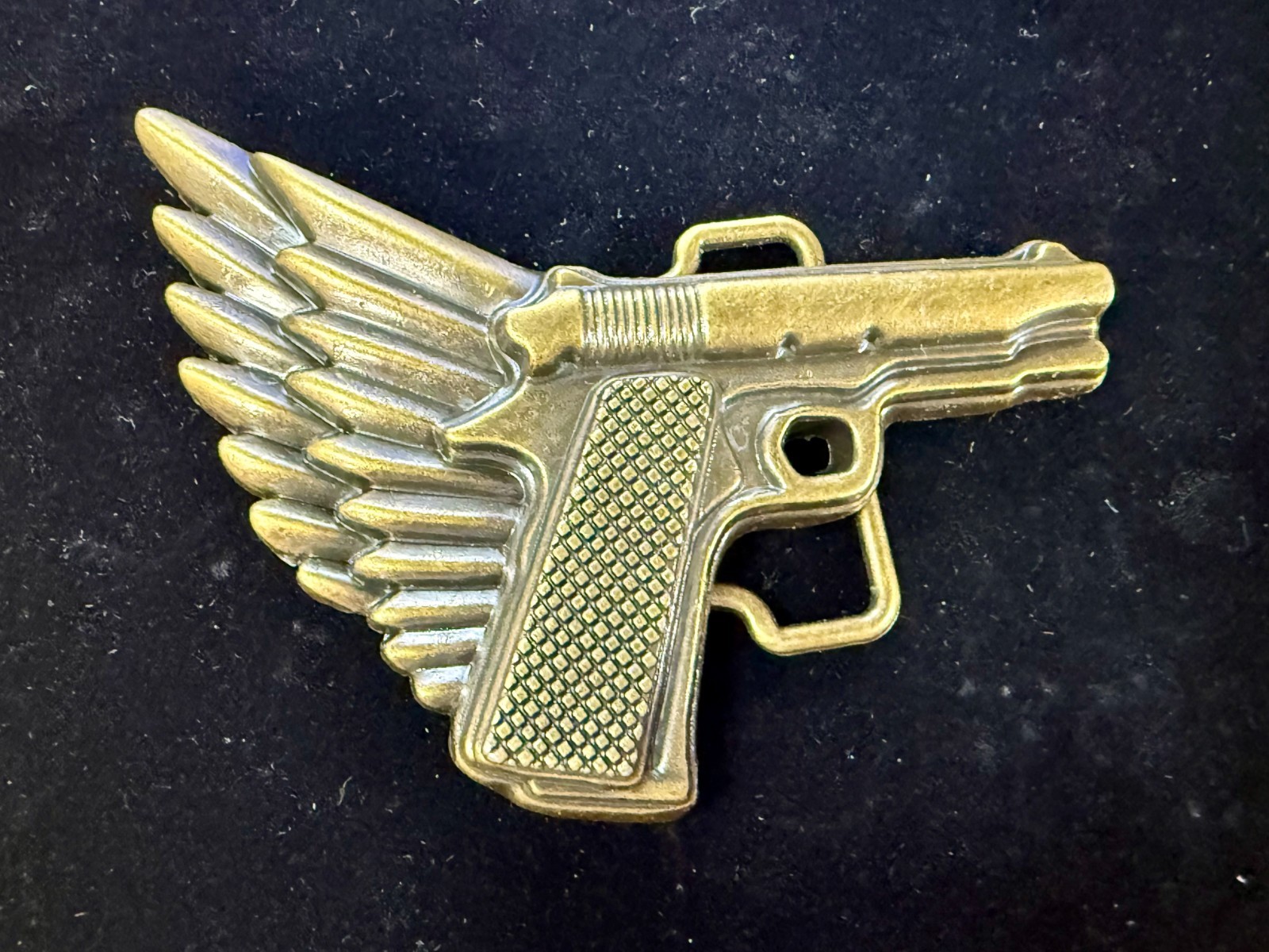 Winged Gun Flying Pistol Handgun Figural Cutout Brass Tone 4&Prime; Wide Belt Buckle