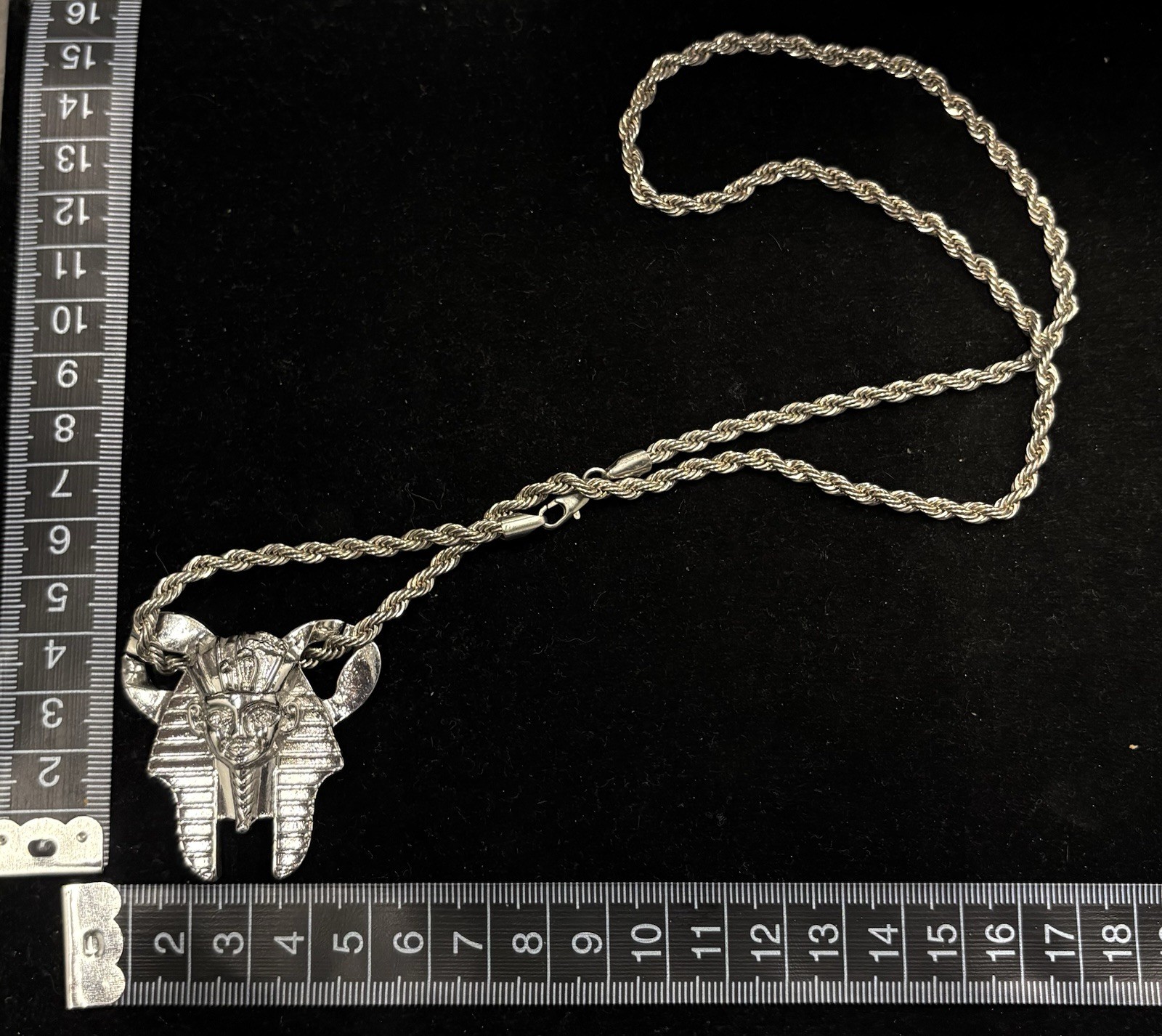 Egyptian Pharaoh mask charm hangs from a twisted rope chain RARE