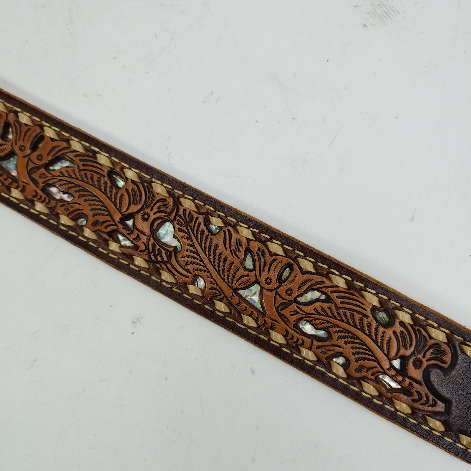 Vintage Tooled Western Leather Name Belt Gary GWB Mother of Pearl Inlay Size 38&Prime;