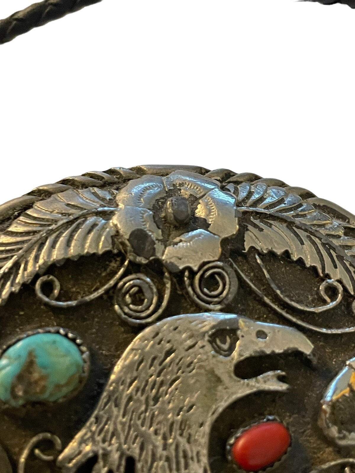 SSI Silver Turquoise Coral American Eagle Feathers Flower Belt Buckle & Bolo Tie