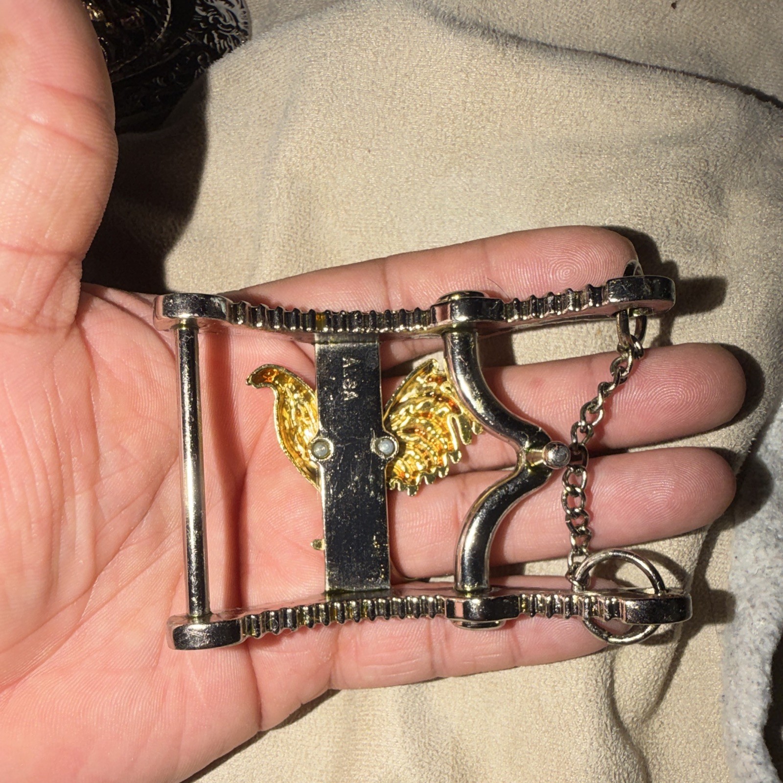 Men&rsquo;s Western Rectangle Belt Buckle Silver/Gold Rooster Animal Print Chain 2&Prime;
