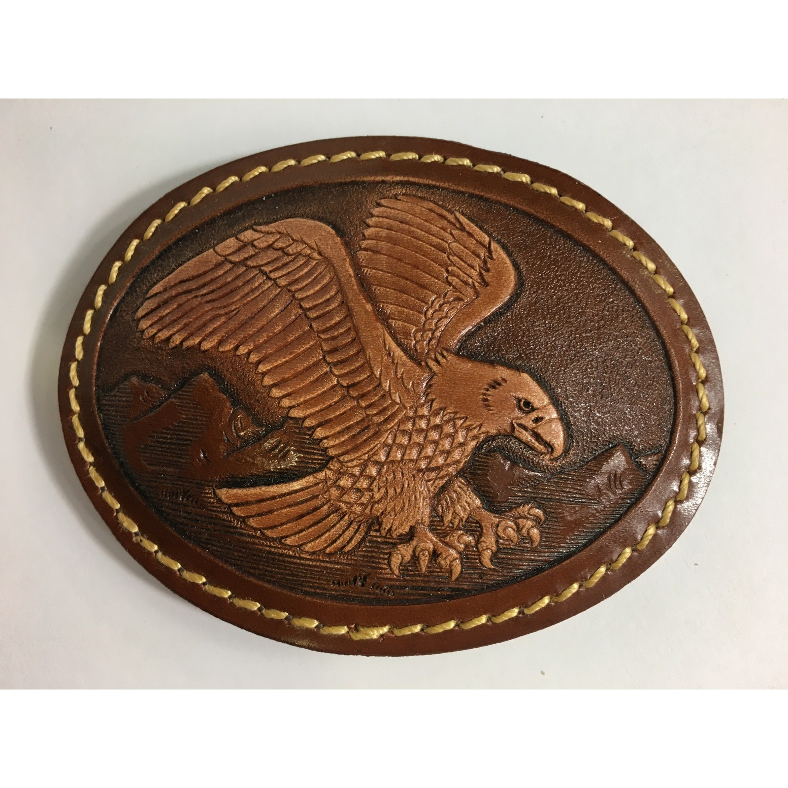 Vintage Leather Belt Buckle Eagle Bird Tooled Brown Oval Western Cowboy Rodeo
