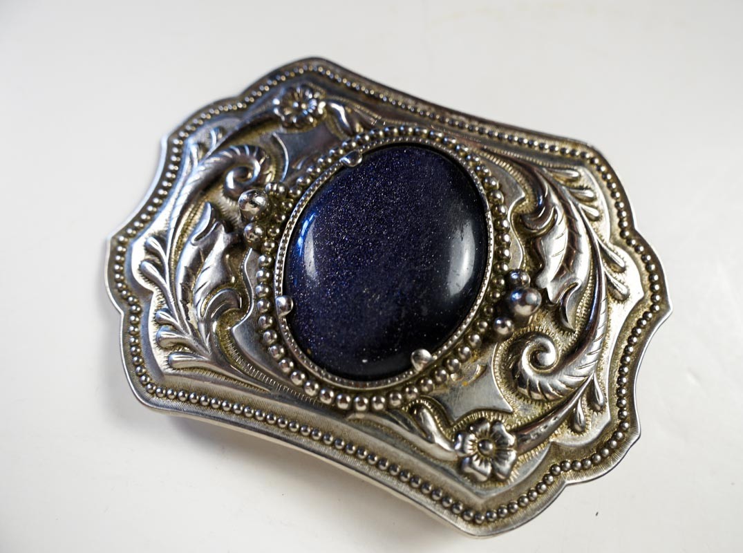 Vintage Western Floral Embossed Metallic Blue Star Stone Silver Tone Belt Buckle