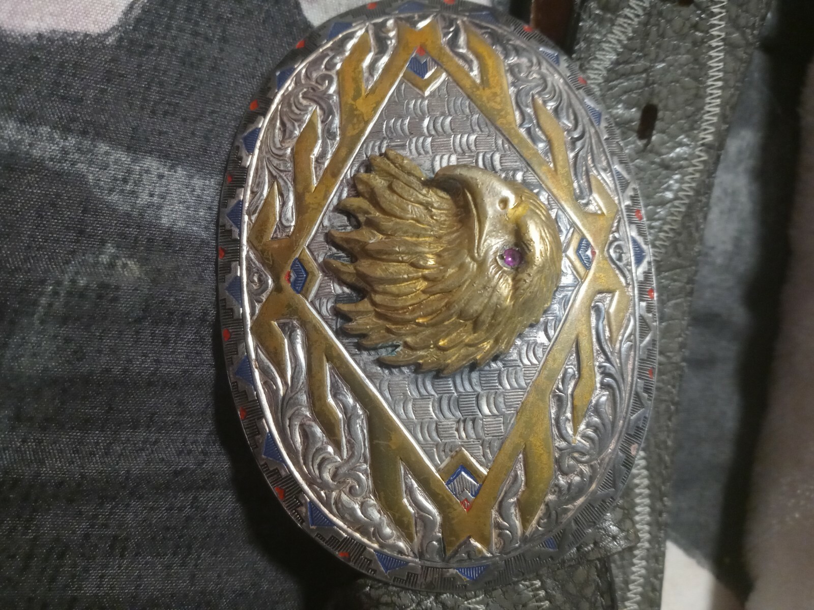 VINTAGE Crumrine Belt Buckle Sterling & Gold Plated Eagle w/RUBY Eyes