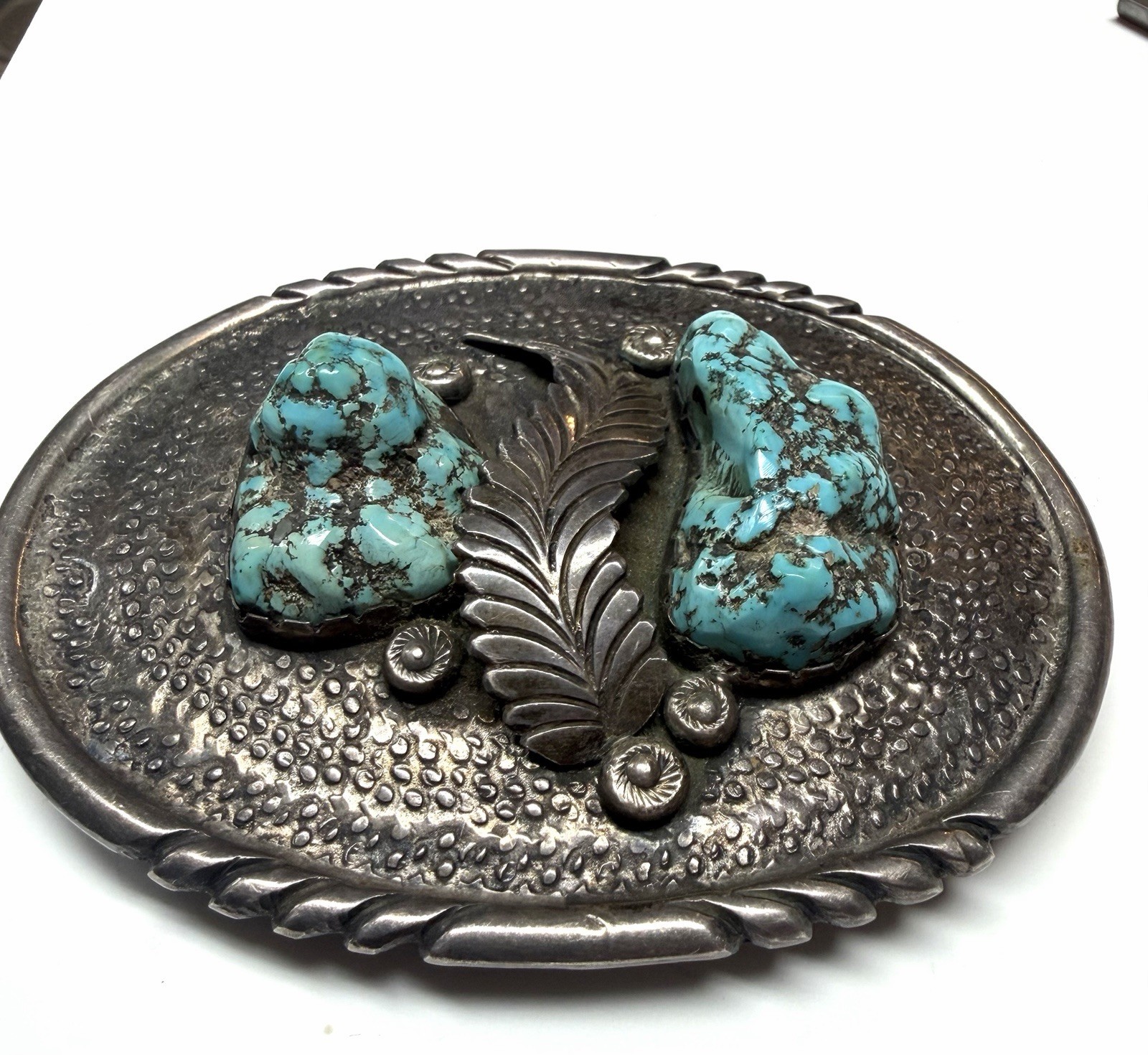 Vintage Stamped G Southwest Sterling Silver Large Turquoise Belt Buckle 96.5g