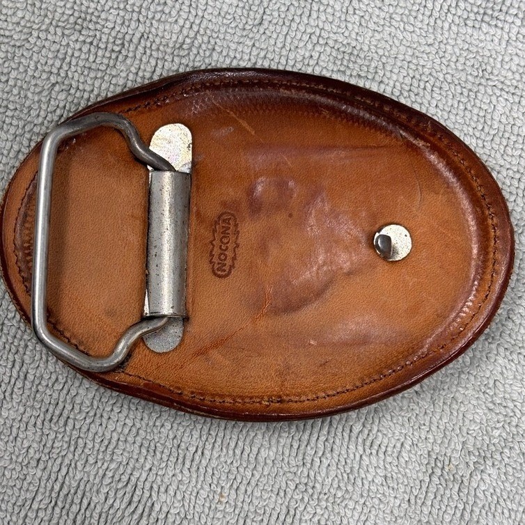 Vtg Nocona Western Leather Belt Buckle Exotic Skin Inlay Zigzag Stitch Brown