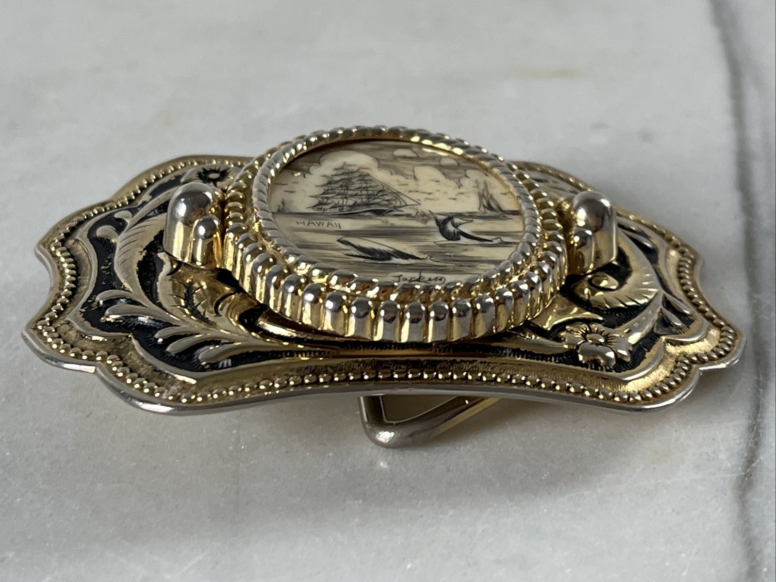 Hand Etched Belt Buckle With Clipper Ship Whales Hawaii Nautical