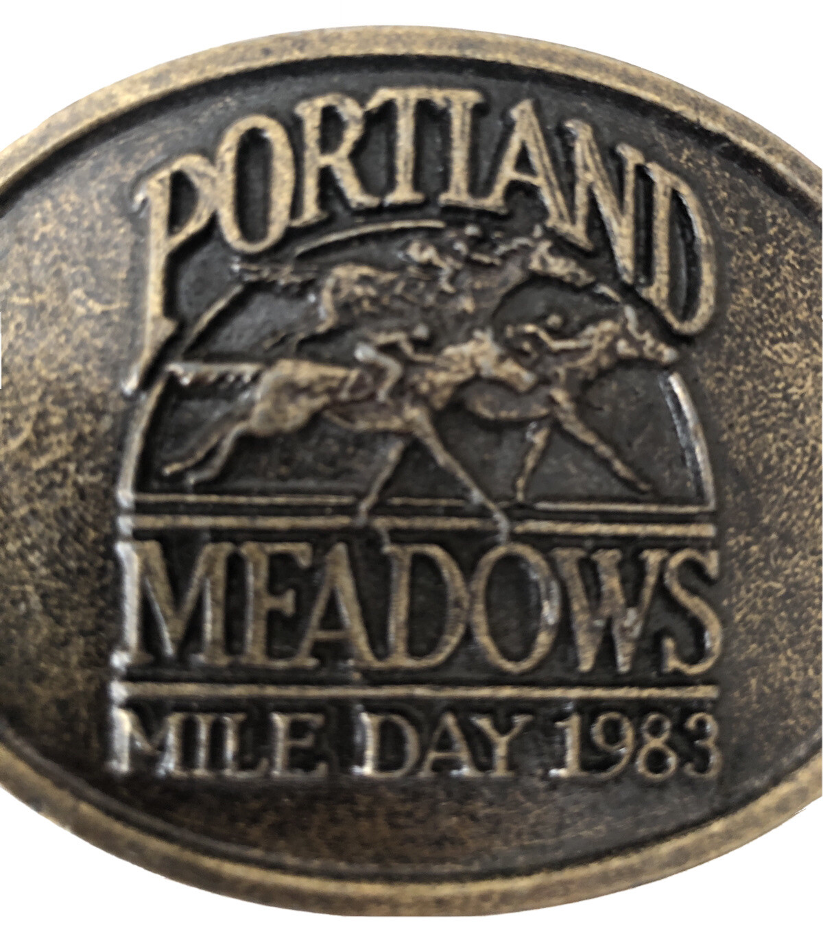 Vintage 80s Portland Meadows Mile Day Western Belt Buckle Horse Racing Bronze