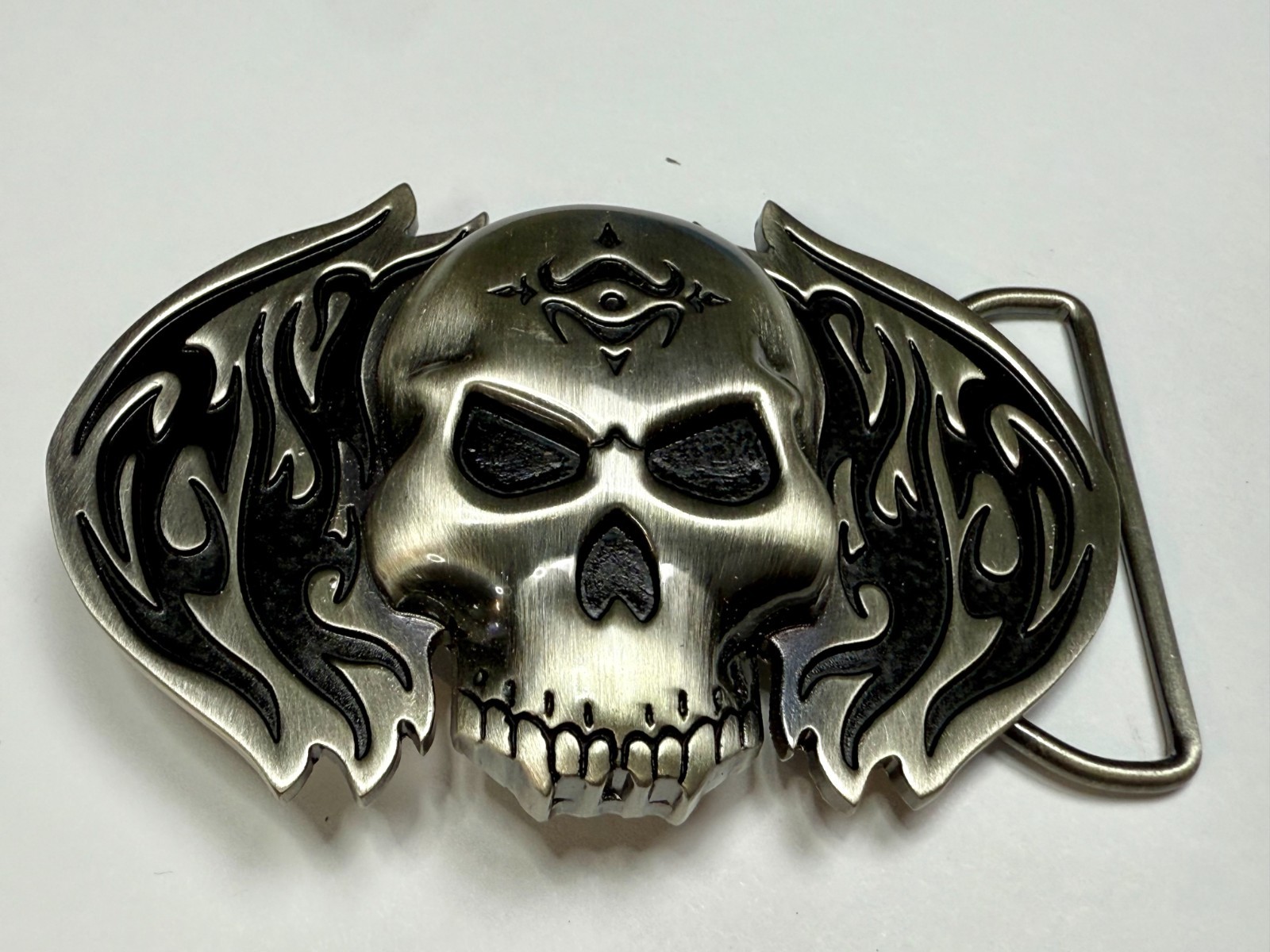 Skull with Flames Cutout Silver & Black Color Silver Moon Creations Belt Buckle