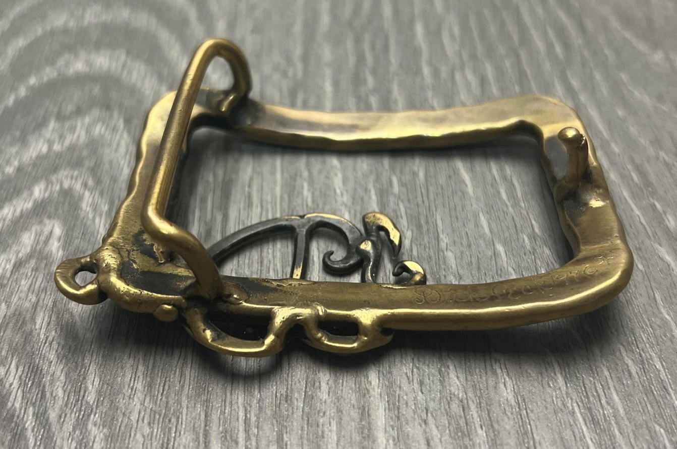 Vintage Dick Peck Belt Buckle Mens Brass Hammered Monogram JDM Signed 1976 70s