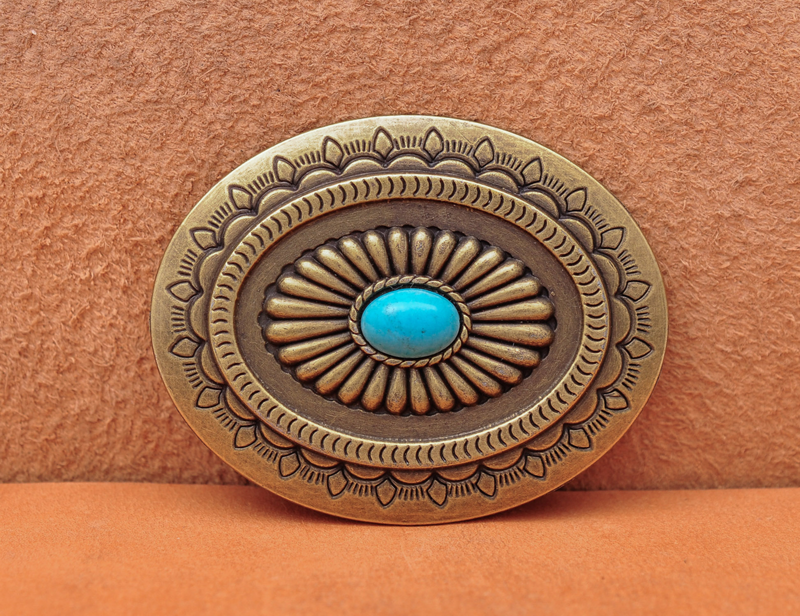 Vintage Brass Southeast Beauty Flower Carved Turquoise Leather Belt Buckle Huge