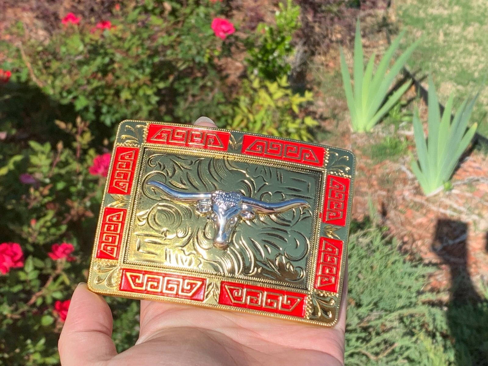 Western Buckle Gold Red Silver Longhorn Cowboy 2 »Buckle Hebilla Vaquero Toro