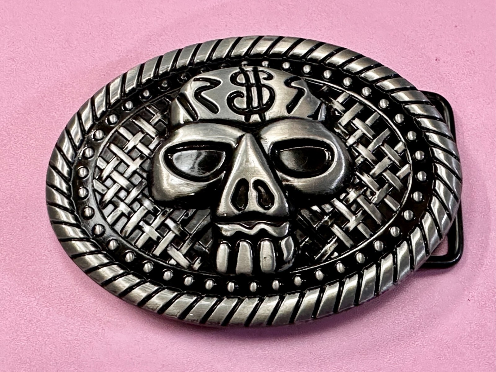 Skull Head $ Dollar Sign Black Silver Color Money Bags NOS Belt Buckle