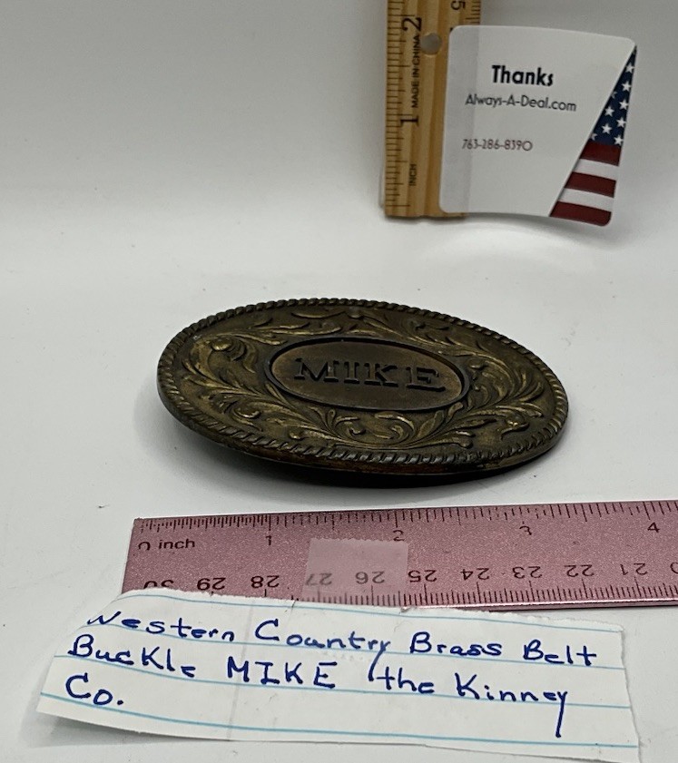 Western Country Brass Belt Buckle MIKE the Kinney Co. Vintage 1977 Oval Buckle