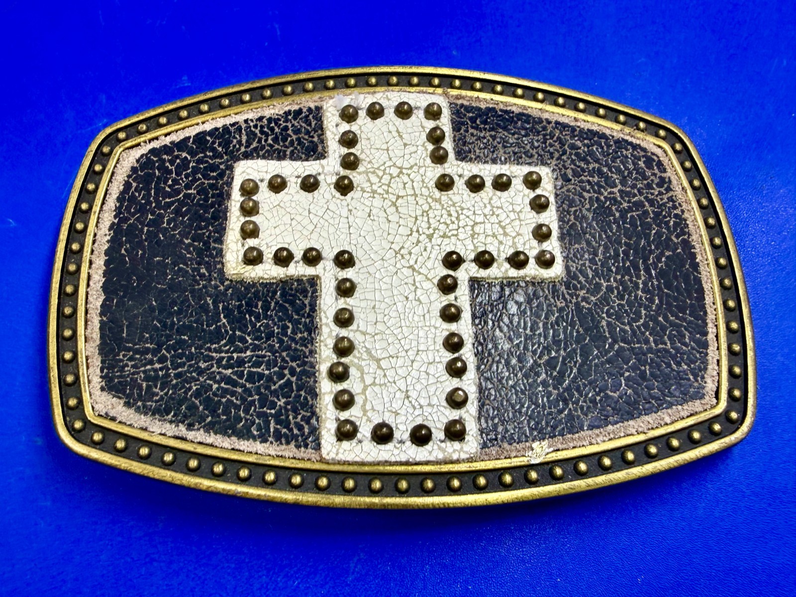 Metallic Theme Religious Cross Studded Design on White Faux Leather Belt Buckle