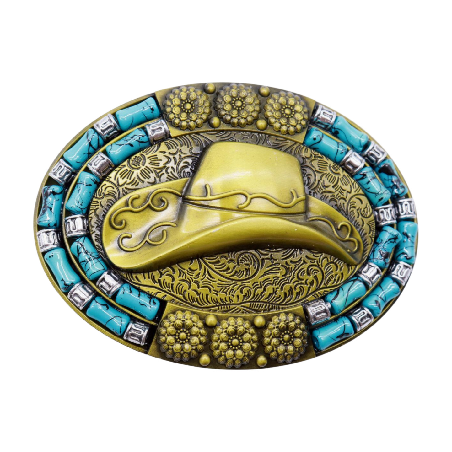 Men Antique Gold Metal Western Belt Buckle Cowboy Hat Turquoise Blue Color Beads