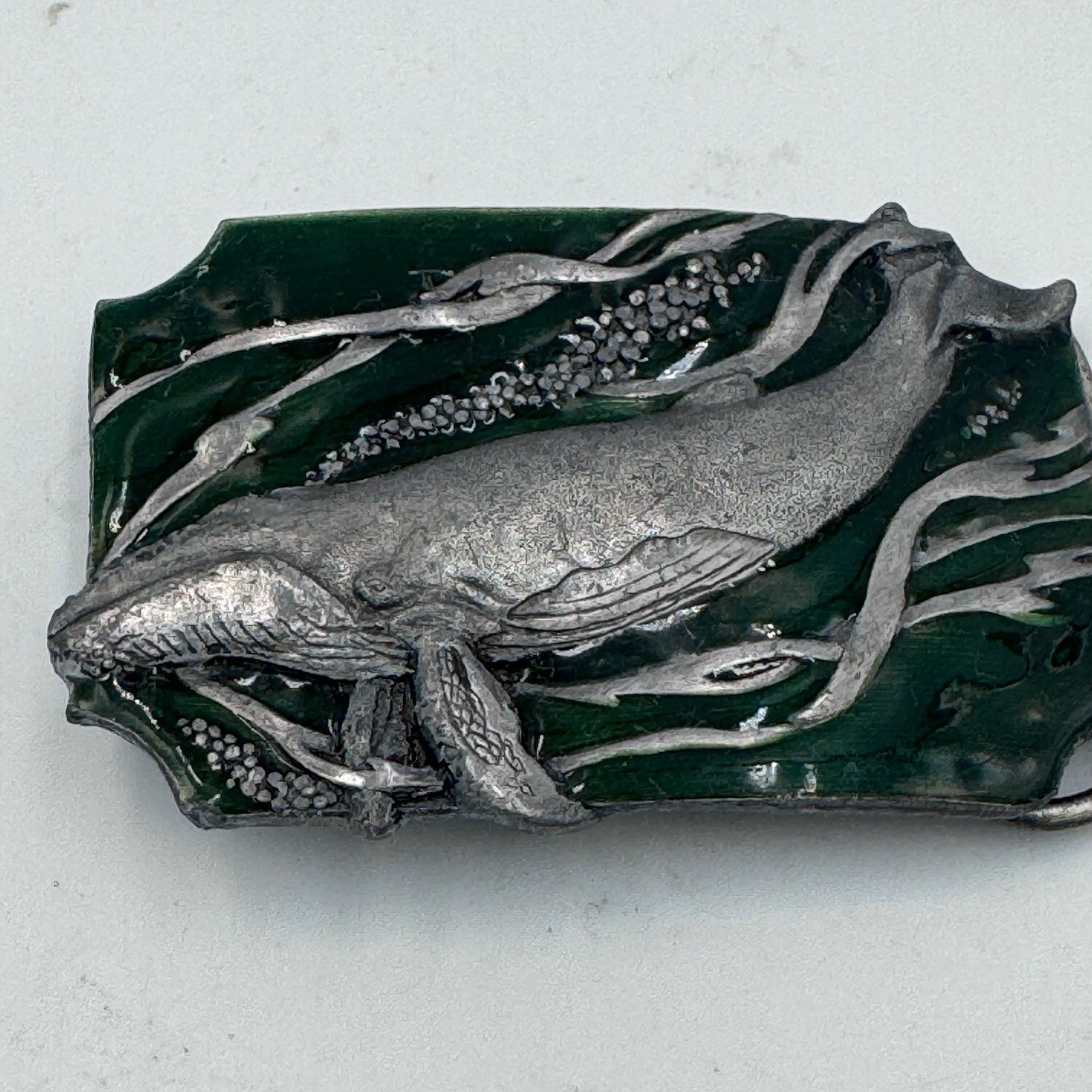 Vintage Humpback Whale Belt Buckle Green Enamel Silver Tone Nautical Marine Life