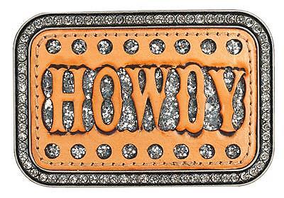 Blazin Roxx Rectangle Belt Buckle Howdy Crystals & Leather Silver 37934